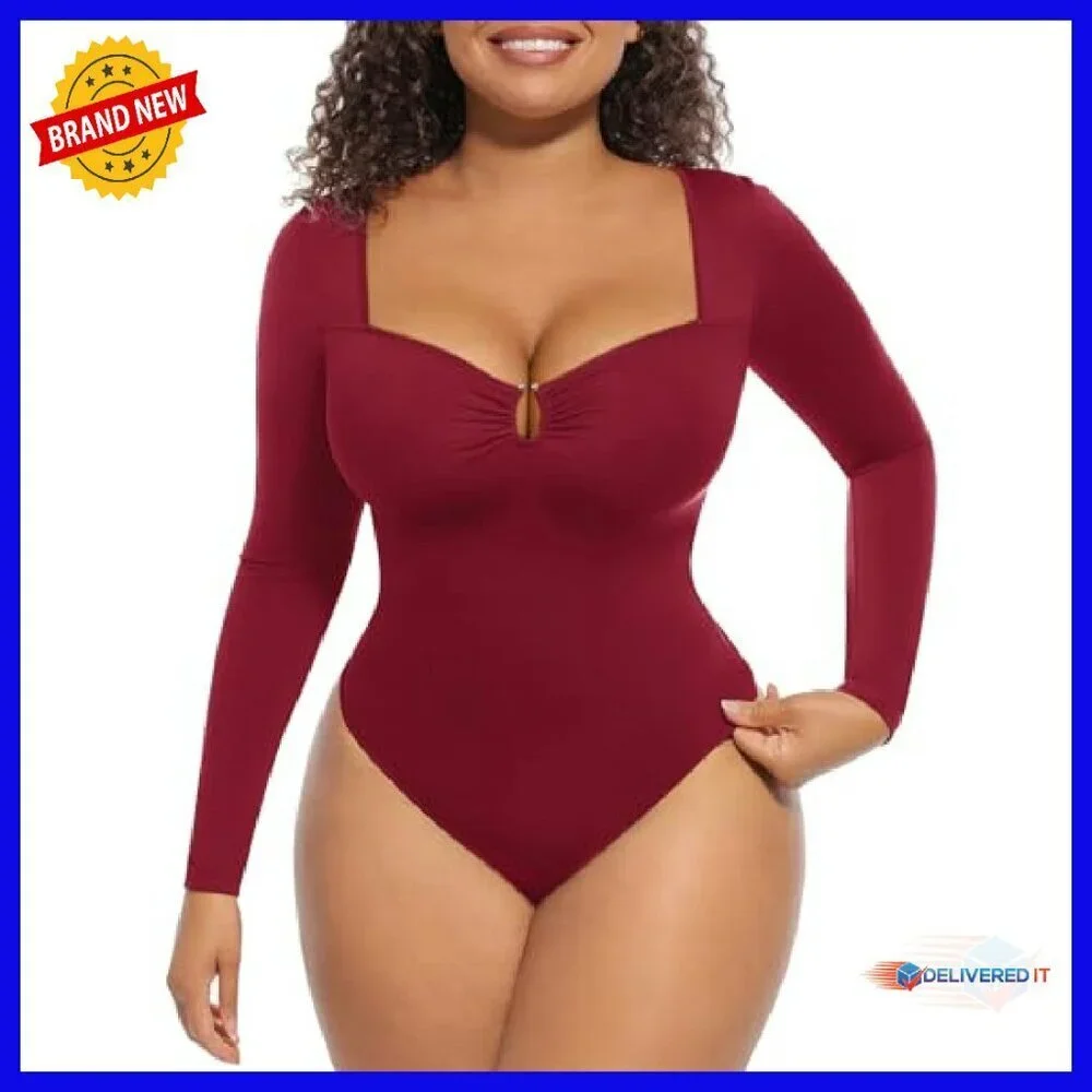 Long Sleeve Tummy Control Bodysuit Seamless Thong Shapewear